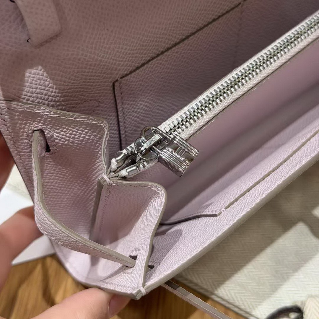 Hermes Kelly Classique To Go Wallet Handmade In Epsom Calfskin Leather Silver Hardware 09 Mauve Pale - Image 5