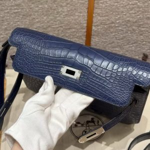 Hermes Kelly Depeches 25 Pouch Handmade In Matte Alligator Leather from Mississippi Silver Hardware 73 Blue Saphir - Image 12