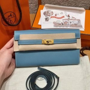 Hermes Kelly Classique To Go Wallet Handmade In Epsom Calfskin Leather Gold Hardware D2 New Blue Jean