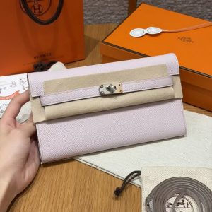 Hermes Kelly Classique To Go Wallet Handmade In Epsom Calfskin Leather Silver Hardware 09 Mauve Pale