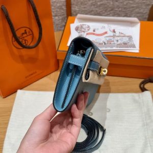Hermes Kelly Classique To Go Wallet Handmade In Epsom Calfskin Leather Gold Hardware D2 New Blue Jean - Image 15