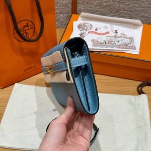 Hermes Kelly Classique To Go Wallet Handmade In Epsom Calfskin Leather Gold Hardware D2 New Blue Jean - Image 14