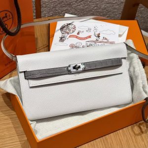 Hermes Kelly Classique To Go Wallet Handmade In Epsom Calfskin Leather and America Crocodile Silver Hardware M4 Girs Pale 0V Girs Ciment - Image 15