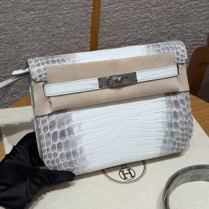 Hermes Kelly Depeches 25 Pouch Handmade In Niloticus Leather from Mississippi Silver Hardware Himalaya