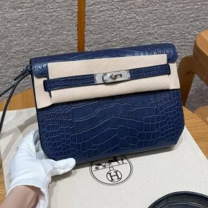 Hermes Kelly Depeches 25 Pouch Handmade In Matte Alligator Leather from Mississippi Silver Hardware 73 Blue Saphir