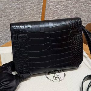 Alternative view of Hermes Kelly Depeches 25 Pouch Handmade In Matte Alligator Leather from Mississippi Silver Hardware 89 Noir