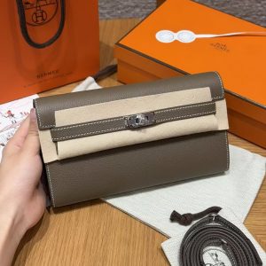 Hermes Kelly Classique To Go Wallet Handmade In Epsom Calfskin Leather Silver Hardware 18 Etoupe