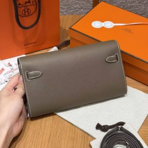 Hermes Kelly Classique To Go Wallet Handmade In Epsom Calfskin Leather Silver Hardware 18 Etoupe - Image 2