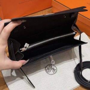 Hermes Kelly Classique To Go Wallet Handmade In Epsom Calfskin Leather Silver Hardware ck89 Noir - Image 14