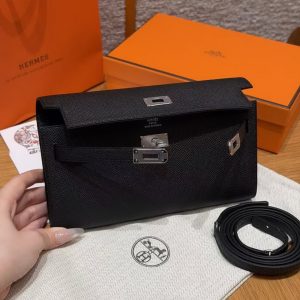 Hermes Kelly Classique To Go Wallet Handmade In Epsom Calfskin Leather Silver Hardware ck89 Noir - Image 10