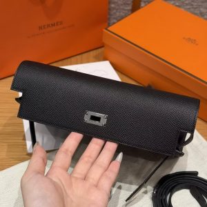 Hermes Kelly Classique To Go Wallet Handmade In Epsom Calfskin Leather Silver Hardware ck89 Noir - Image 8