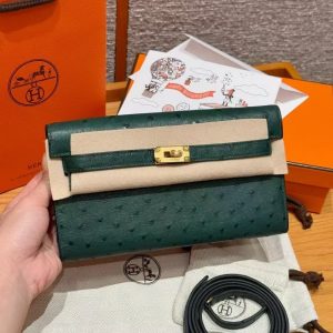 Hermes Kelly Classique To Go Wallet Handmade In KK Ostrich Leather Gold Hardware Z6 Malachite