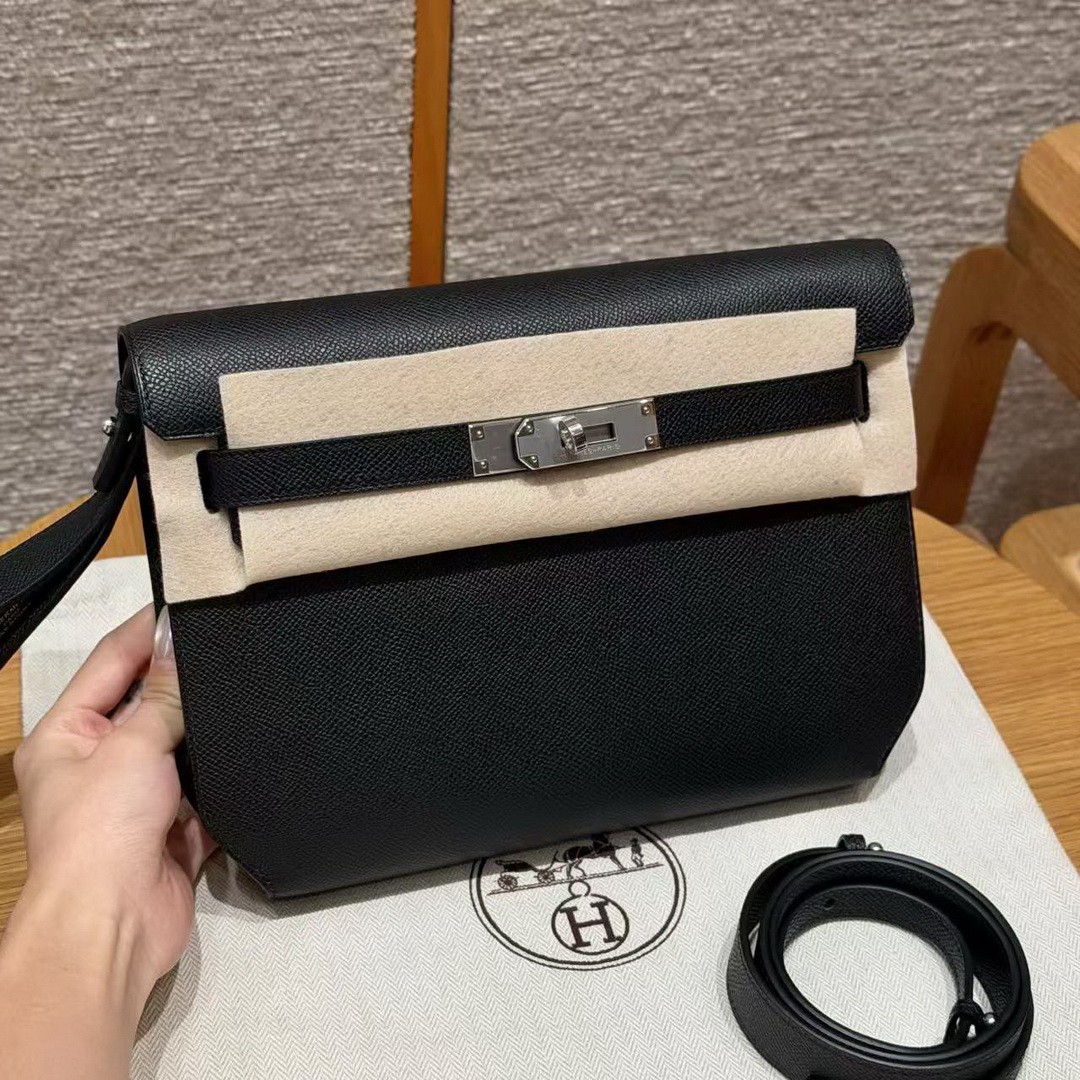 Hermes Kelly Depeches 25 Pouch Handmade In Epsom Calfskin Leather Silver Hardware 89 Noir