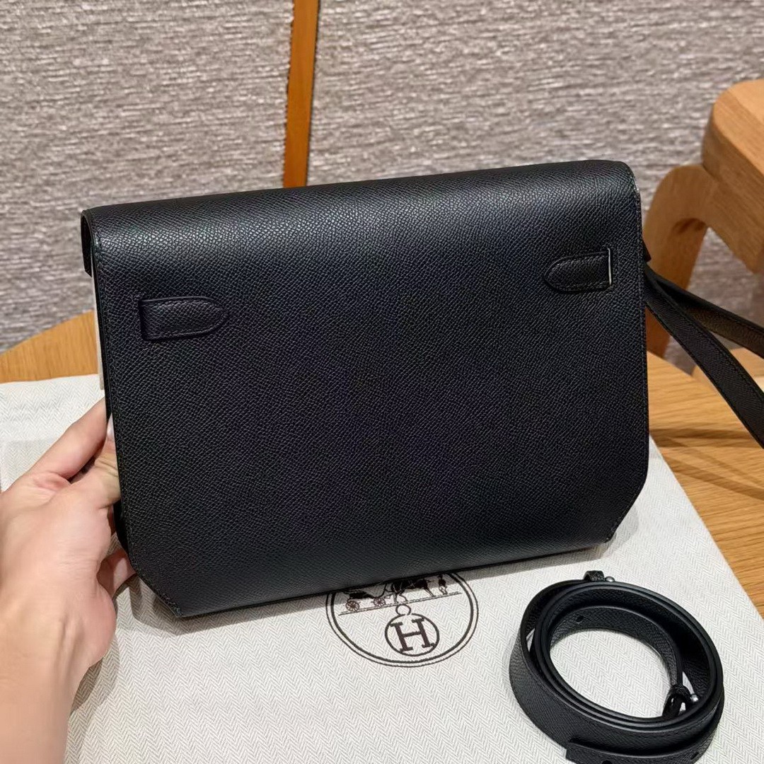 Hermes Kelly Depeches 25 Pouch Handmade In Epsom Calfskin Leather Silver Hardware 89 Noir - Image 2