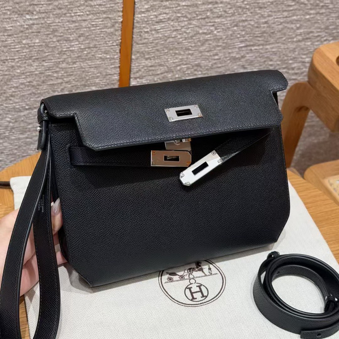 Hermes Kelly Depeches 25 Pouch Handmade In Epsom Calfskin Leather Silver Hardware 89 Noir - Image 13