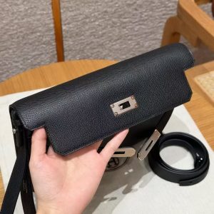 Hermes Kelly Depeches 25 Pouch Handmade In Epsom Calfskin Leather Silver Hardware 89 Noir - Image 12