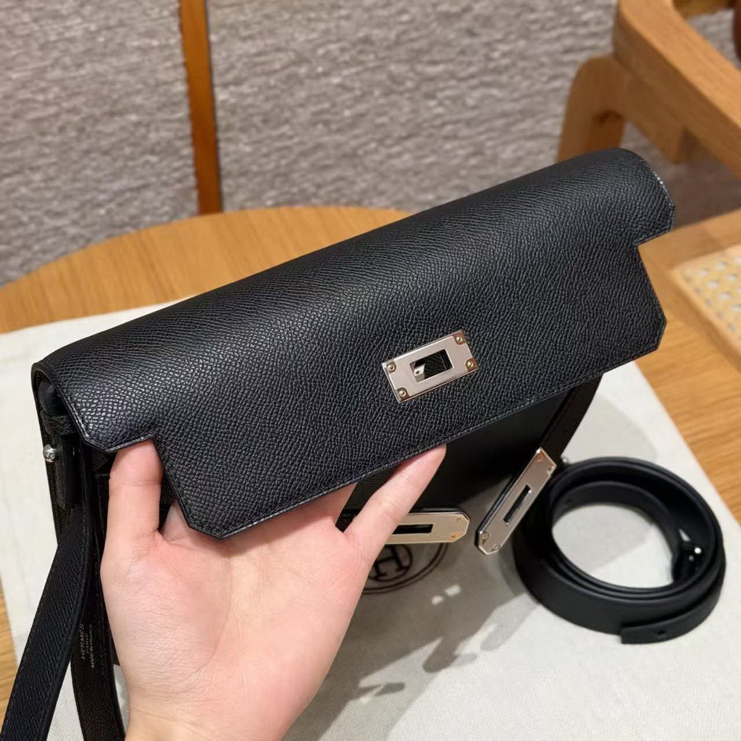 Hermes Kelly Depeches 25 Pouch Handmade In Epsom Calfskin Leather Silver Hardware 89 Noir - Image 12