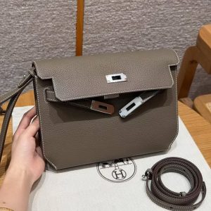 Hermes Kelly Depeches 25 Pouch Handmade In Togo Calfskin Leather Silver Hardware 18 Etoupe - Image 11