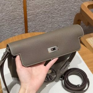 Hermes Kelly Depeches 25 Pouch Handmade In Togo Calfskin Leather Silver Hardware 18 Etoupe - Image 10
