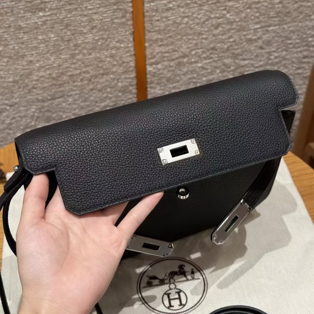 Hermes Kelly Depeches 25 Pouch Handmade In Togo Calfskin Leather Silver Hardware 89 Noir - Image 18