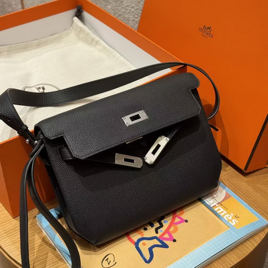 Hermes Kelly Depeches 25 Pouch Handmade In Togo Calfskin Leather Silver Hardware 89 Noir - Image 11