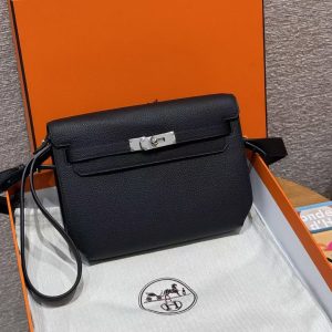 Hermes Kelly Depeches 25 Pouch Handmade In Togo Calfskin Leather Silver Hardware 89 Noir - Image 10