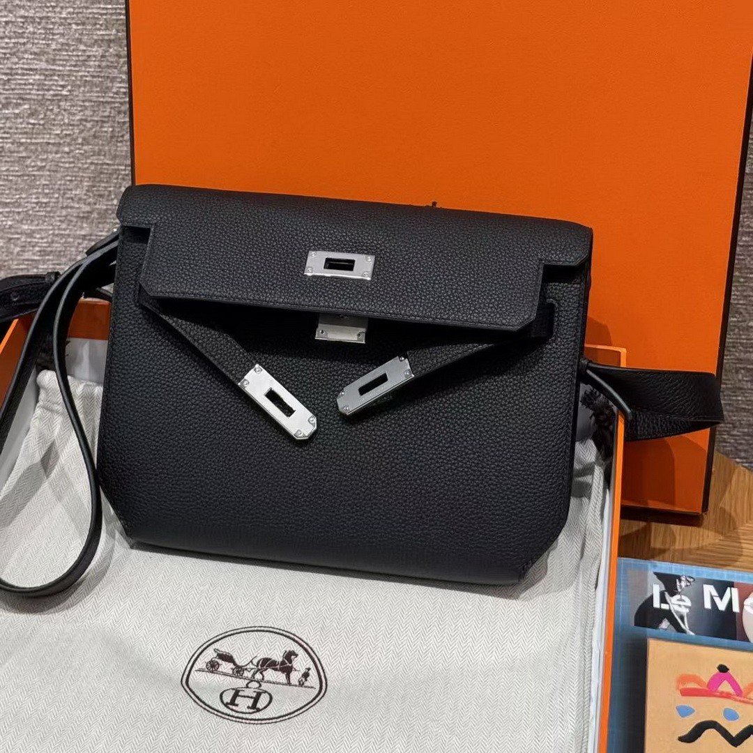 Hermes Kelly Depeches 25 Pouch Handmade In Togo Calfskin Leather Silver Hardware 89 Noir - Image 9