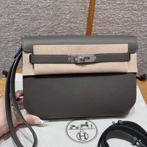 Hermes Kelly Depeches 25 Pouch Handmade In Togo Calfskin Leather Silver Hardware 8F Gris Etain