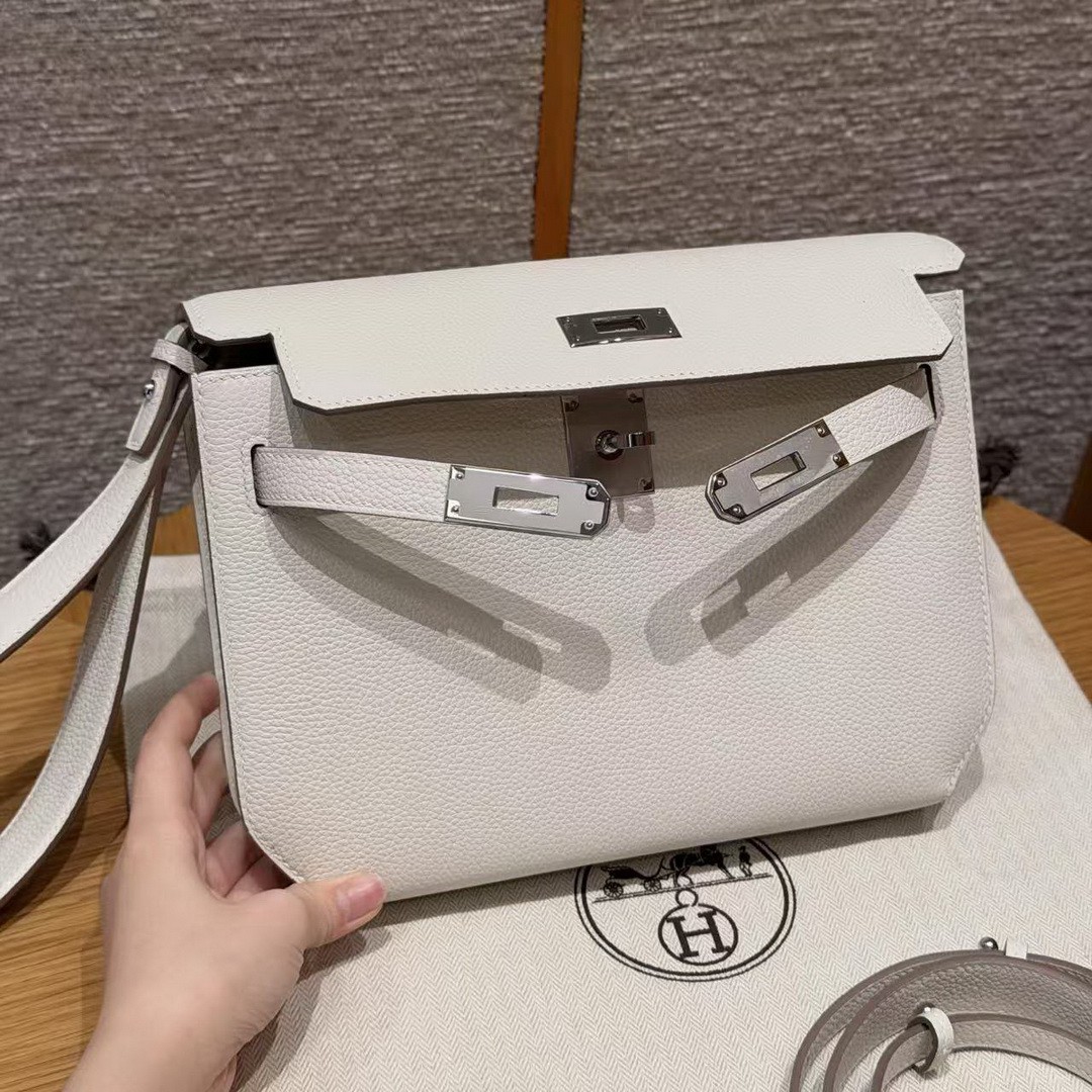 Hermes Kelly Depeches 25 Pouch Handmade In Togo Calfskin Leather Silver Hardware M4 Girs Pale - Image 13