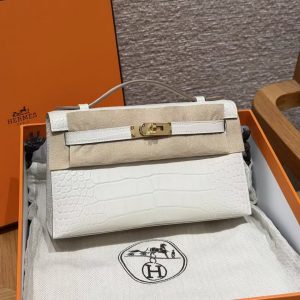 Hermes Kelly Pochette Handmade In Alligator Leather from Mississippi Gold Hardware 8L Beton