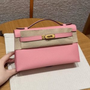 Hermes Kelly Pochette Handmade In Epsom Calfskin Leather Gold Hardware 1Q Rose Confetti