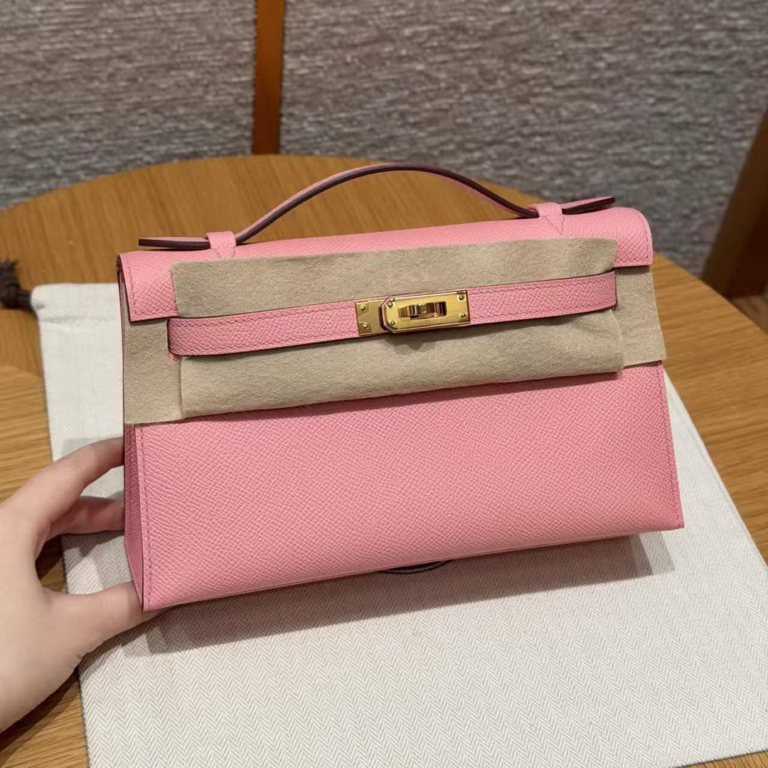 Hermes Kelly Pochette Handmade In Epsom Calfskin Leather Gold Hardware 1Q Rose Confetti