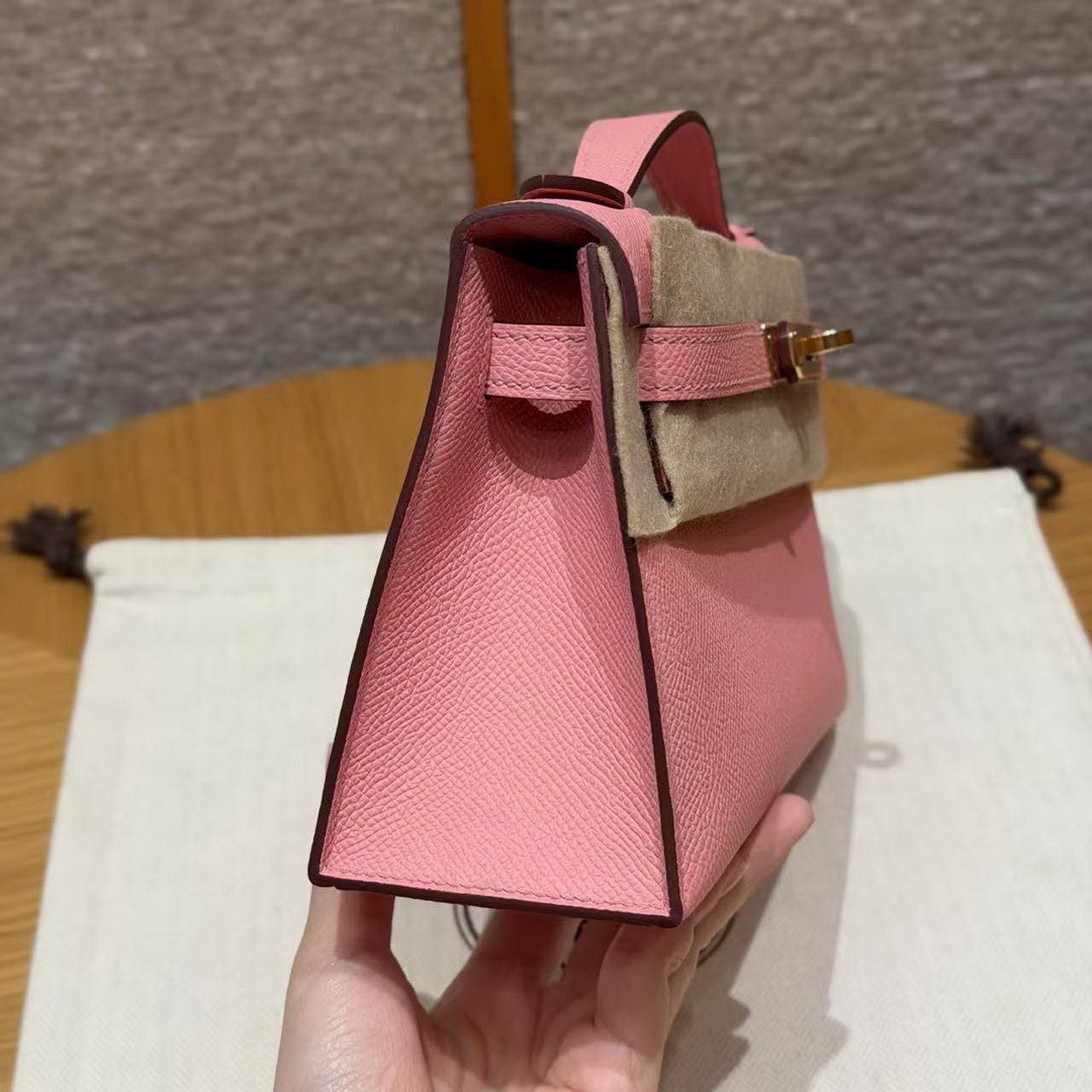Hermes Kelly Pochette Handmade In Epsom Calfskin Leather Gold Hardware 1Q Rose Confetti - Image 22