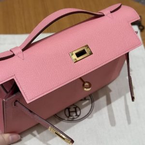 Hermes Kelly Pochette Handmade In Epsom Calfskin Leather Gold Hardware 1Q Rose Confetti - Image 15