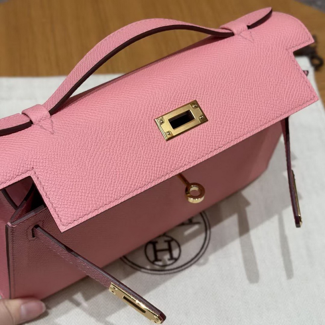 Hermes Kelly Pochette Handmade In Epsom Calfskin Leather Gold Hardware 1Q Rose Confetti - Image 15