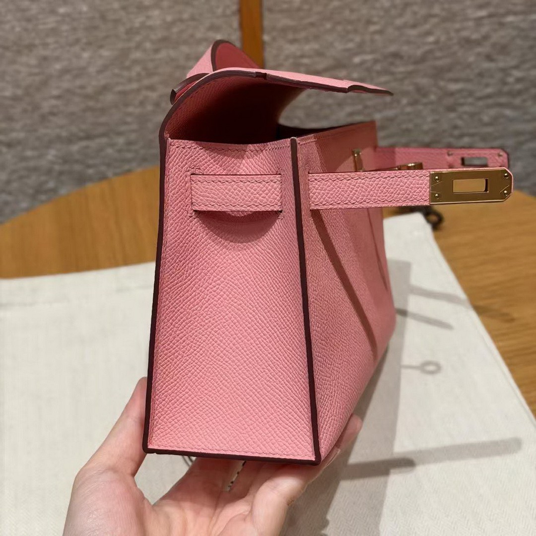 Hermes Kelly Pochette Handmade In Epsom Calfskin Leather Gold Hardware 1Q Rose Confetti - Image 13