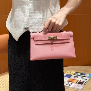 Hermes Kelly Pochette Handmade In Epsom Calfskin Leather Gold Hardware 1Q Rose Confetti - Image 5