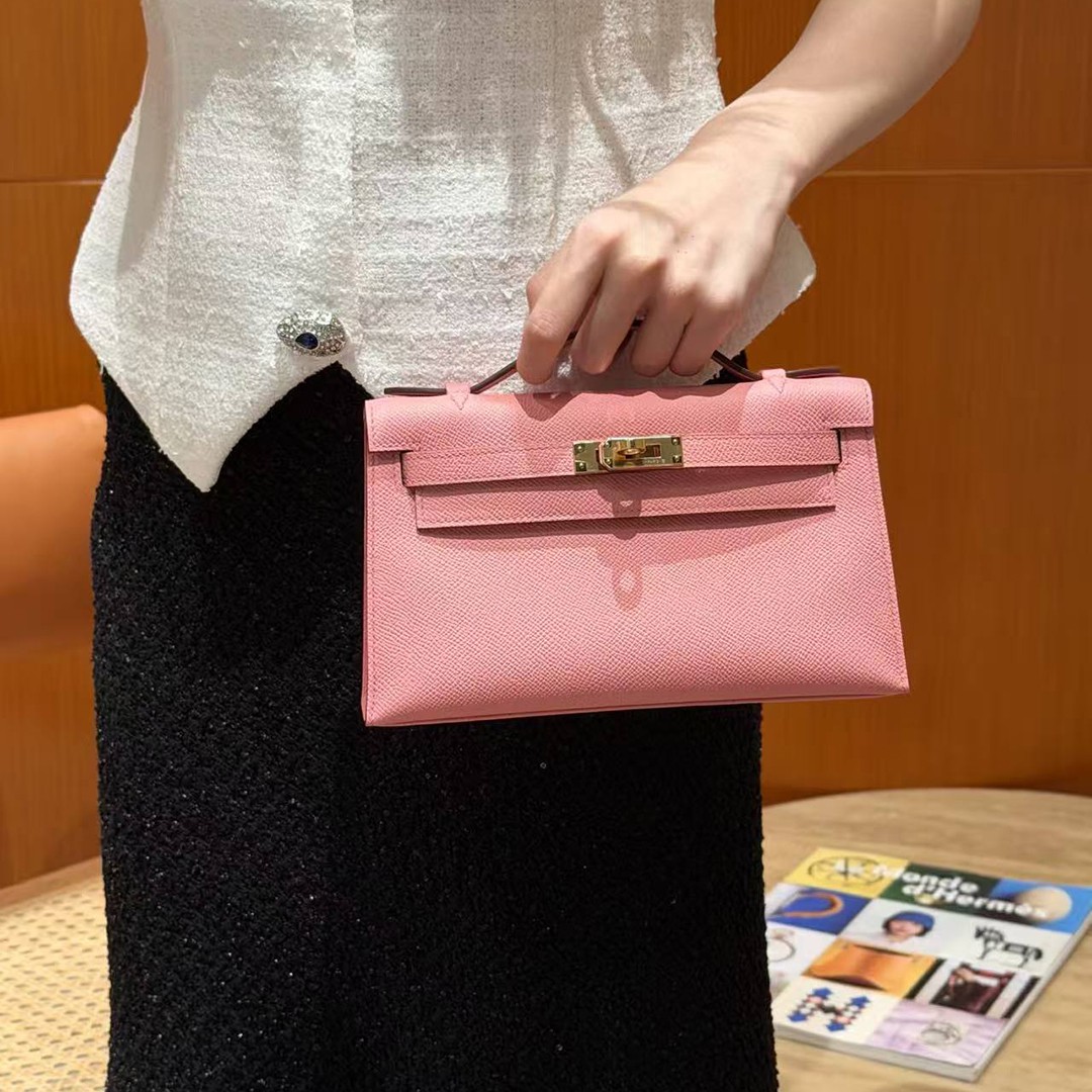 Hermes Kelly Pochette Handmade In Epsom Calfskin Leather Gold Hardware 1Q Rose Confetti - Image 5
