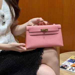 Hermes Kelly Pochette Handmade In Epsom Calfskin Leather Gold Hardware 1Q Rose Confetti - Image 4