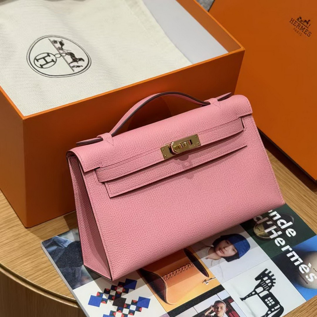 Hermes Kelly Pochette Handmade In Epsom Calfskin Leather Gold Hardware 1Q Rose Confetti - Image 3
