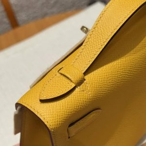 Hermes Kelly Pochette Handmade In Epsom Calfskin Leather Gold Hardware 9D Jaune Amber - Image 9