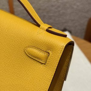 Hermes Kelly Pochette Handmade In Epsom Calfskin Leather Gold Hardware 9D Jaune Amber - Image 8