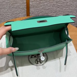 Hermes Kelly Pochette Handmade In Epsom Calfskin Leather Silver Hardware 0Z Vert Comics - Image 9