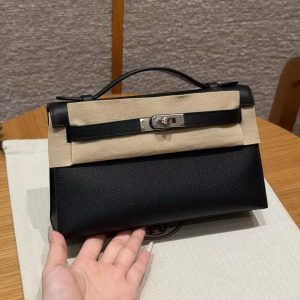 Hermes Kelly Pochette Handmade In Epsom Calfskin Leather Silver Hardware 89 Noir