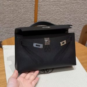 Hermes Kelly Pochette Handmade In Epsom Calfskin Leather Silver Hardware 89 Noir - Image 14