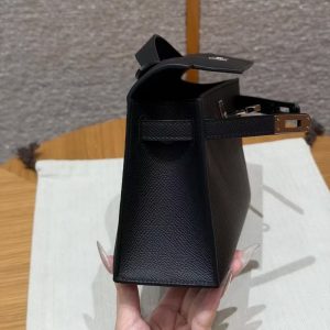 Hermes Kelly Pochette Handmade In Epsom Calfskin Leather Silver Hardware 89 Noir - Image 13