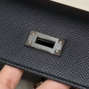 Hermes Kelly Pochette Handmade In Epsom Calfskin Leather Silver Hardware 89 Noir - Image 11
