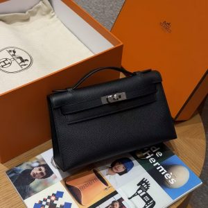 Hermes Kelly Pochette Handmade In Epsom Calfskin Leather Silver Hardware 89 Noir - Image 5