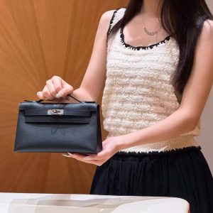 Hermes Kelly Pochette Handmade In Epsom Calfskin Leather Silver Hardware 89 Noir - Image 3