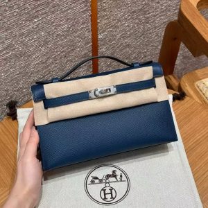 Hermes Kelly Pochette Handmade In Epsom Calfskin Leather Silver Hardware S4 Deep Blue